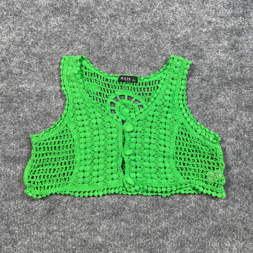 Julia by Love J Green Crochet‎ Knit Crop Vest Button Front Boho Festival Large